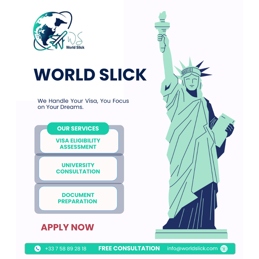 Illustration of the Statue of Liberty promoting World Slick’s visa and immigration services, including visa assessment, university consultation, and document preparation.